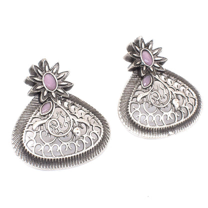 Rose Quartz Flower Earrings Filigree Antique Silver Oxidized Fashion Jewelry EAR-10473