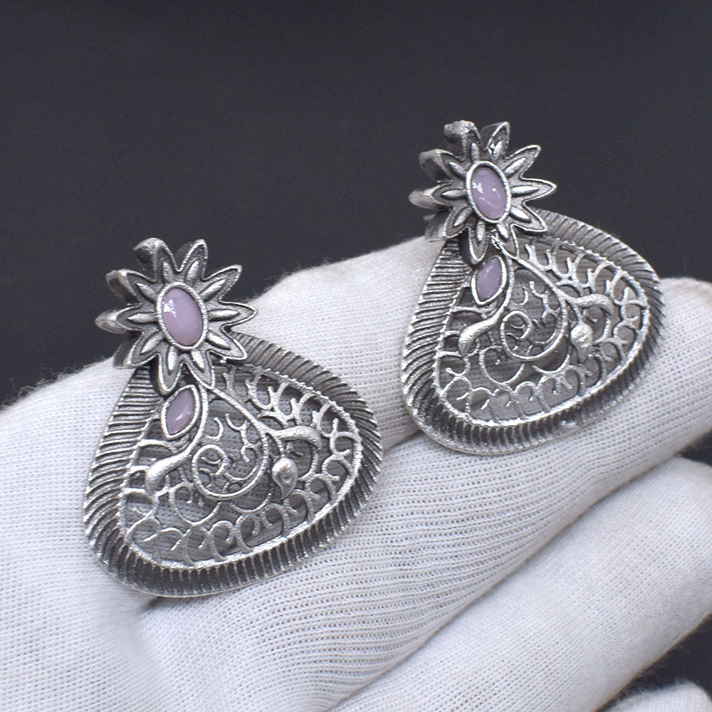 Rose Quartz Flower Earrings Filigree Antique Silver Oxidized Fashion Jewelry EAR-10473