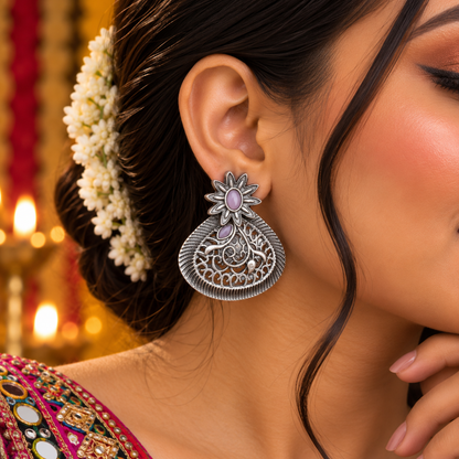 Rose Quartz Flower Earrings Filigree Antique Silver Oxidized Fashion Jewelry EAR-10473