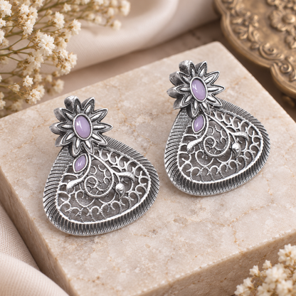 Rose Quartz Flower Earrings Filigree Antique Silver Oxidized Fashion Jewelry EAR-10473