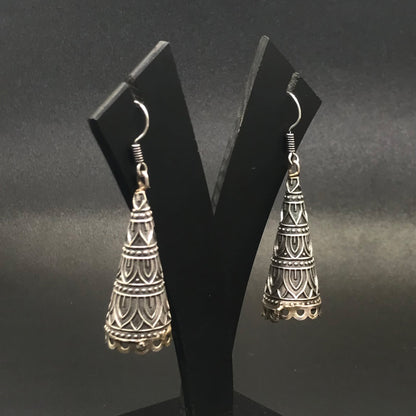Oxidized Silver Long Drop Earrings Tribal Boho Statement Garba Jewelry EAR-10514
