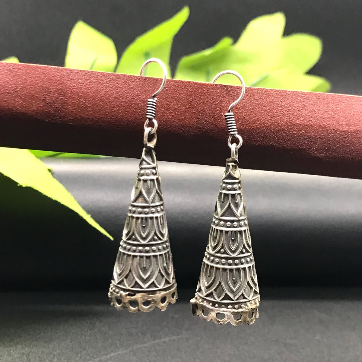 Oxidized Silver Long Drop Earrings Tribal Boho Statement Garba Jewelry EAR-10514