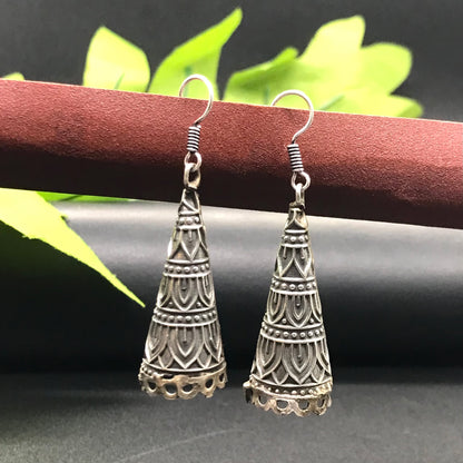 Oxidized Silver Long Drop Earrings Tribal Boho Statement Garba Jewelry EAR-10514
