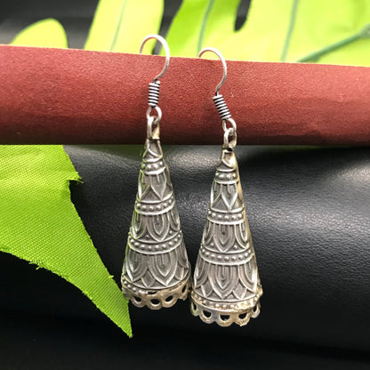 Oxidized Silver Long Drop Earrings Tribal Boho Statement Garba Jewelry EAR-10514