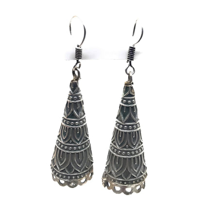 Oxidized Silver Long Drop Earrings Tribal Boho Statement Garba Jewelry EAR-10514