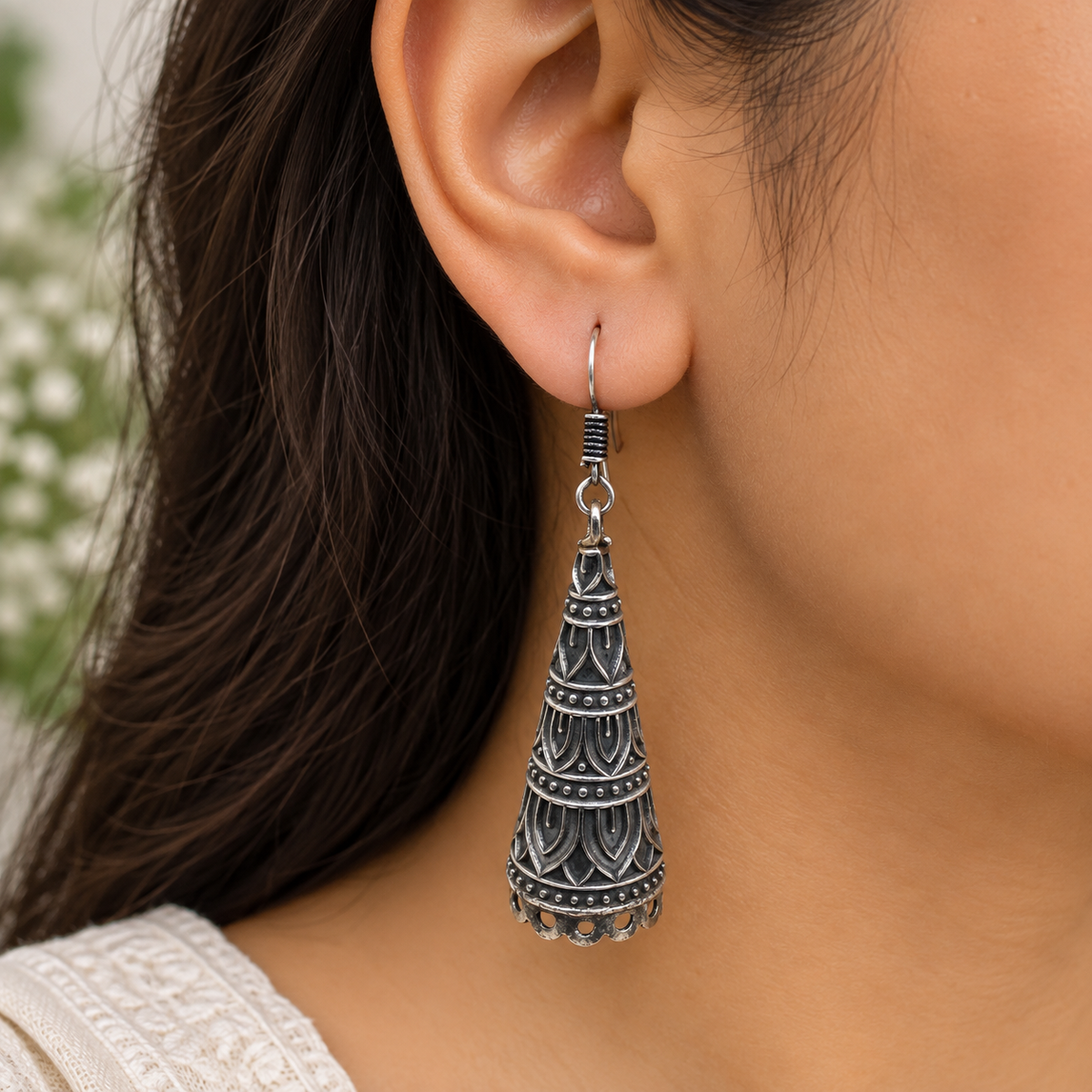Oxidized Silver Long Drop Earrings Tribal Boho Statement Garba Jewelry EAR-10514