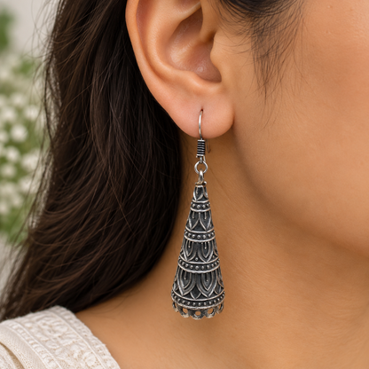 Oxidized Silver Long Drop Earrings Tribal Boho Statement Garba Jewelry EAR-10514