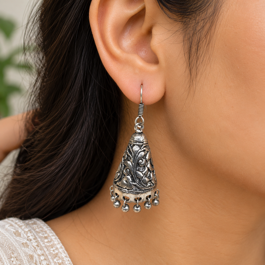 Oxidized Silver Jhumka Earrings Embossed Floral Boho Dangle Jewelry EAR-1565
