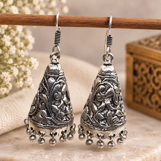 Oxidized Silver Jhumka Earrings Embossed Floral Boho Dangle Jewelry EAR-1565