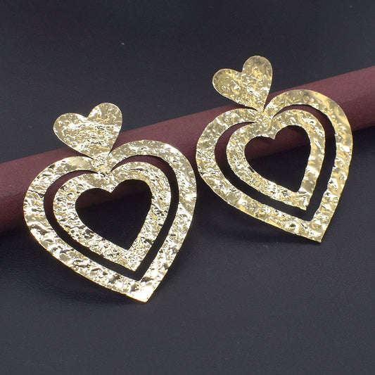 Oversized Golden Heart Earrings Wholesale Lot 4 Pcs Gold Plated Jewelry 2" EAR-10587