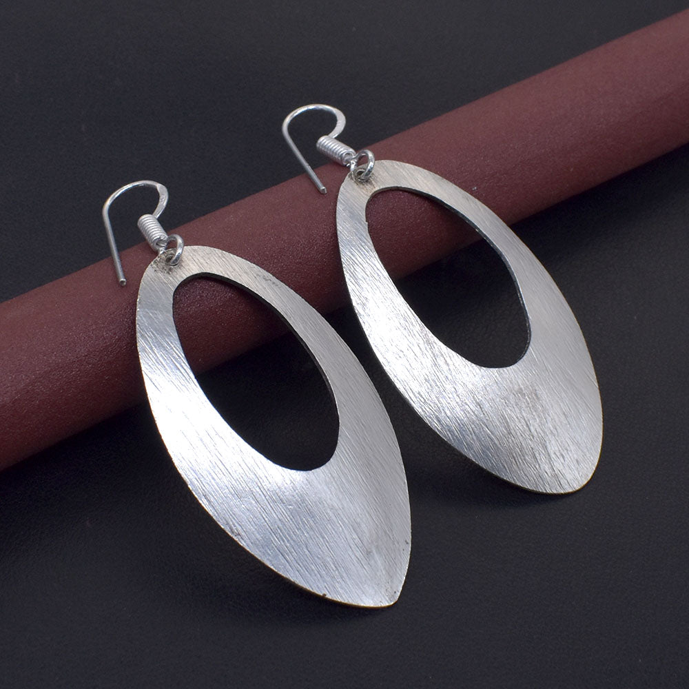 Silver Oval Dangle Earrings Minimal Boho Statement Jewelry for Women EAR-10600