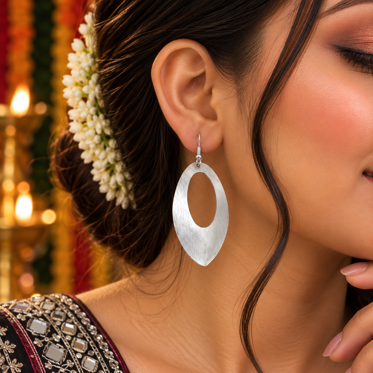Silver Oval Dangle Earrings Minimal Boho Statement Jewelry for Women EAR-10600