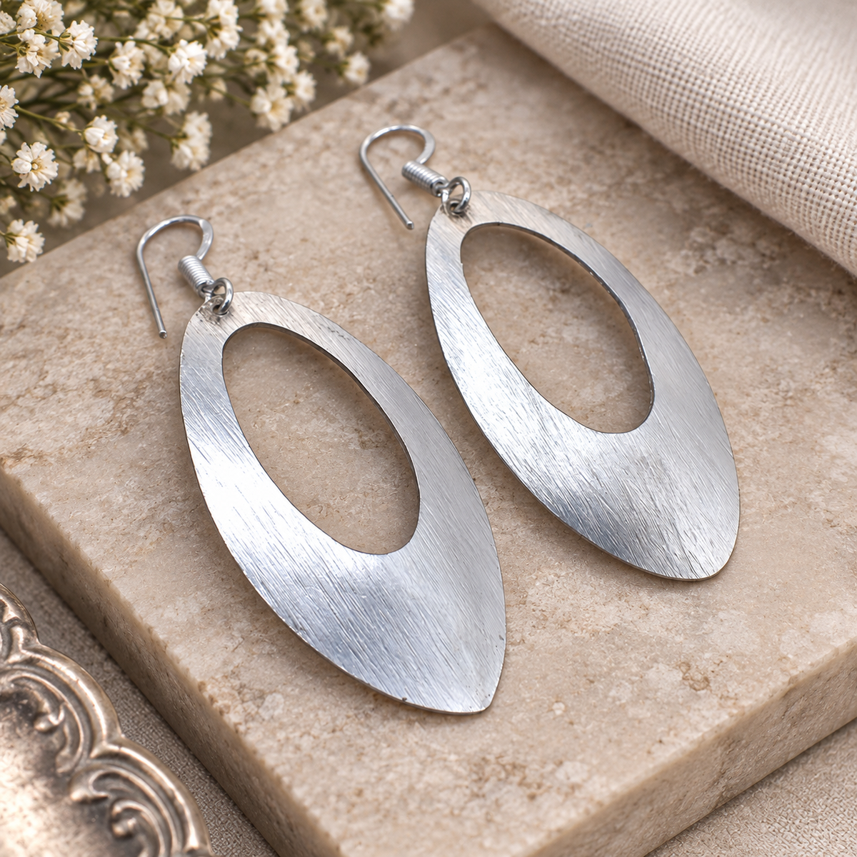 Silver Oval Dangle Earrings Minimal Boho Statement Jewelry for Women EAR-10600