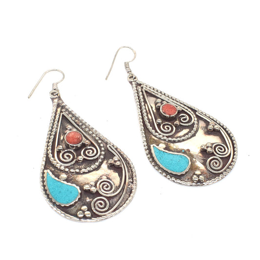 Turquoise Red Coral Earrings Handmade Tibetan Fashion Jewelry 1.5" EAR-10688