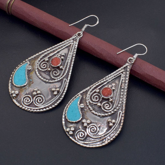 Turquoise Red Coral Earrings Handmade Tibetan Fashion Jewelry 1.5" EAR-10688