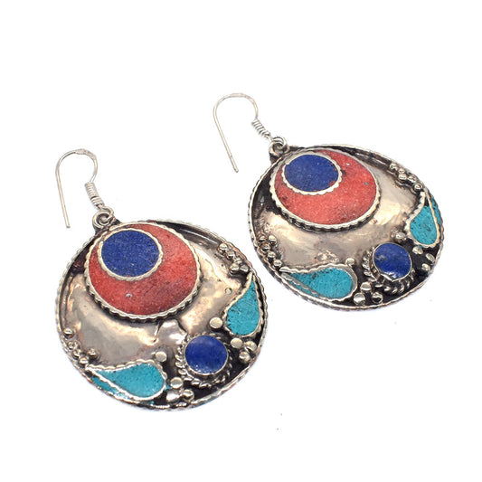 Circle Lapis Lazuli Earrings Handmade Ethnic Tibetan Fashion Jewelry 1.5" EAR-10689