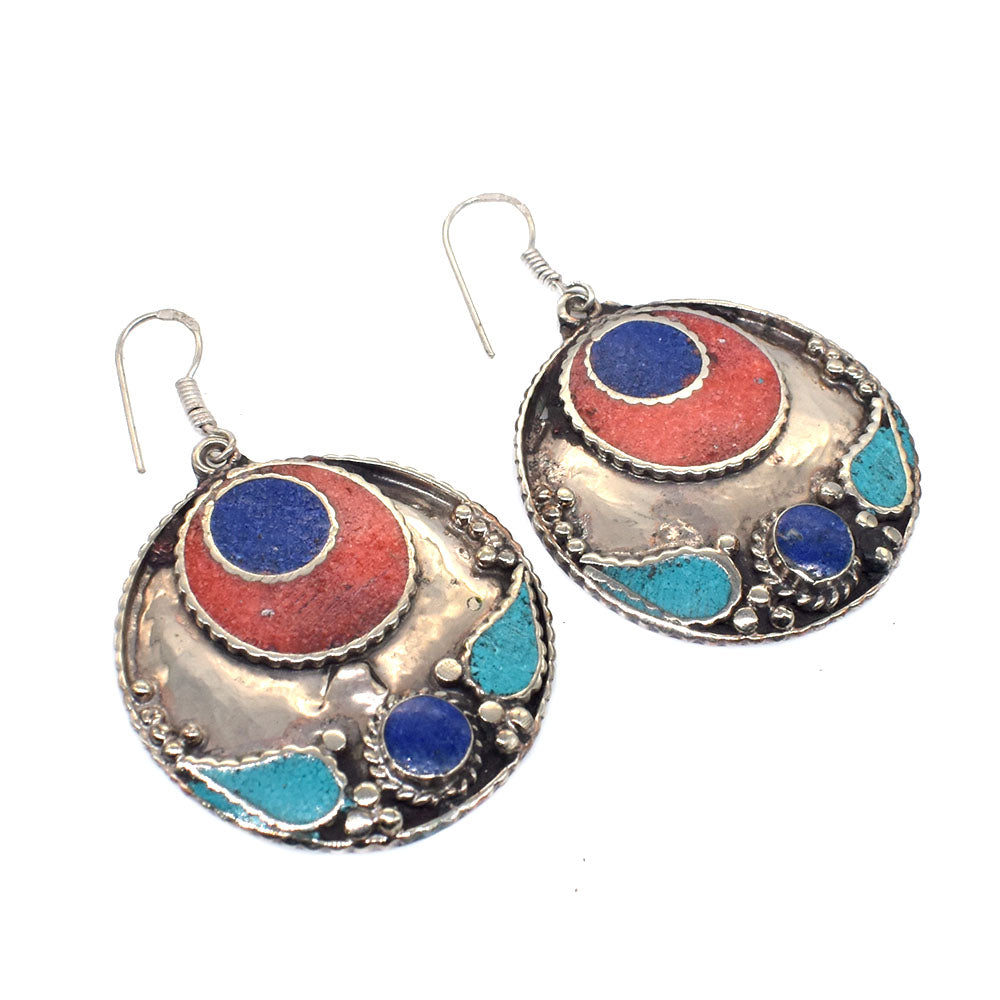 Circle Lapis Lazuli Earrings Handmade Ethnic Tibetan Fashion Jewelry 1.5" EAR-10689