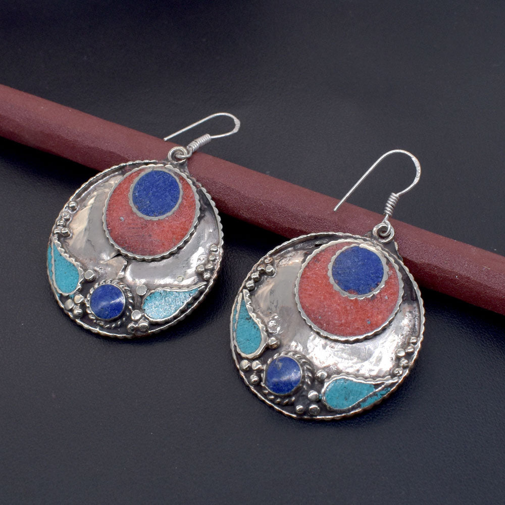 Circle Lapis Lazuli Earrings Handmade Ethnic Tibetan Fashion Jewelry 1.5" EAR-10689
