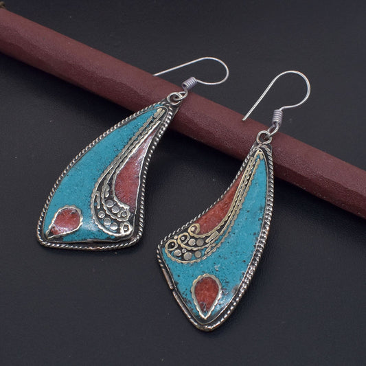 Turquoise Mosaic Earrings Mother's Day Ethnic Tibetan Jewelry Gift EAR-10696