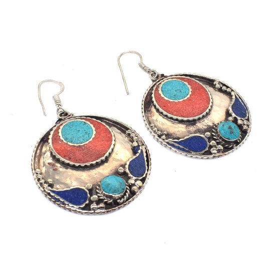 Vintage Party Wear Earrings Turquoise Coral Ethnic Tibetan Jewelry Gift EAR-10698
