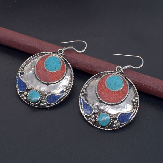 Vintage Party Wear Earrings Turquoise Coral Ethnic Tibetan Jewelry Gift EAR-10698