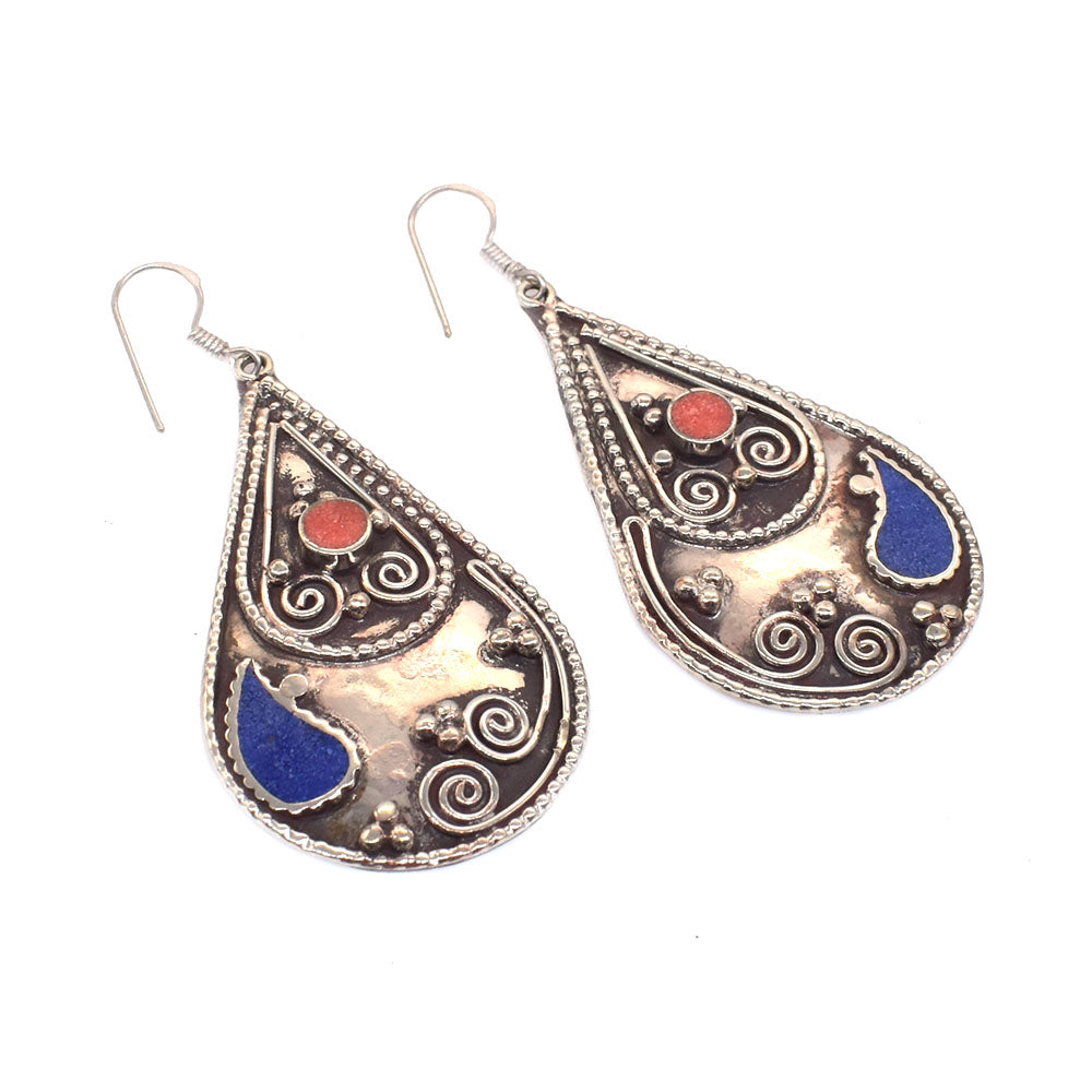 Vintage Nepalese Earrings Lapis Lazuli Ethnic Tibetan Silver Jewelry Gift EAR-10700
