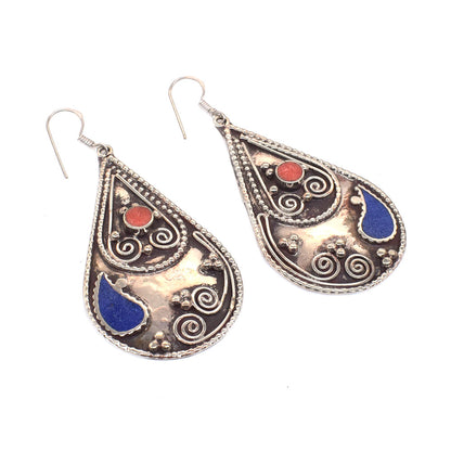 Vintage Nepalese Earrings Lapis Lazuli Ethnic Tibetan Silver Jewelry Gift EAR-10700