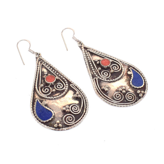 Vintage Nepalese Earrings Lapis Lazuli Ethnic Tibetan Silver Jewelry Gift EAR-10700