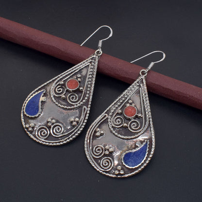 Vintage Nepalese Earrings Lapis Lazuli Ethnic Tibetan Silver Jewelry Gift EAR-10700