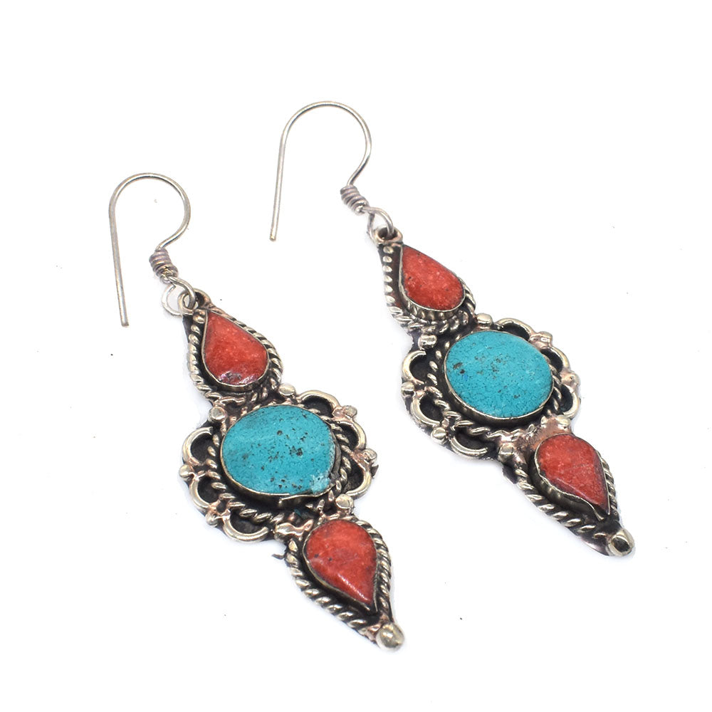Red Coral Hanging Women Earrings Handmade Tibetan Fashion Jewelry Gift EAR-10702