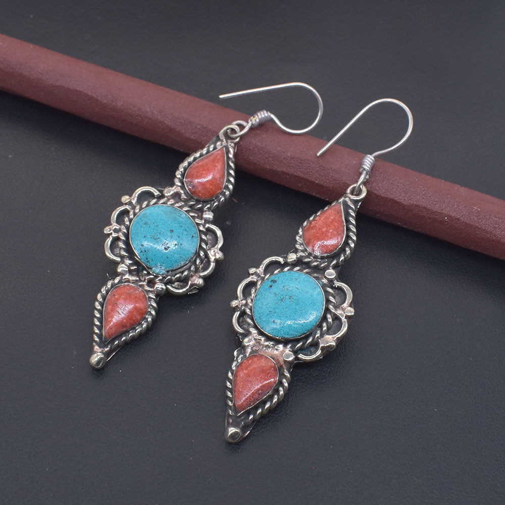 Red Coral Hanging Women Earrings Handmade Tibetan Fashion Jewelry Gift EAR-10702
