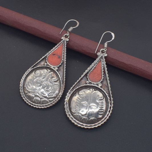 Red Coral Nepalese Earrings Mother's Day Gift Tibetan Fashion Jewelry EAR-10706