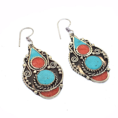 Turquoise Hanging Women Earrings Handmade Tibetan Silver Jewelry Gift EAR-10713