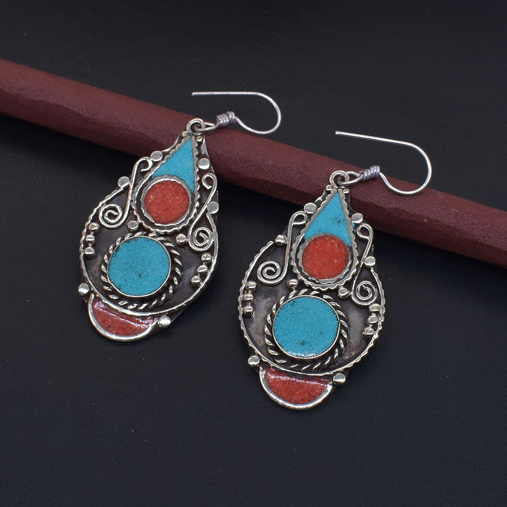 Turquoise Hanging Women Earrings Handmade Tibetan Silver Jewelry Gift EAR-10713