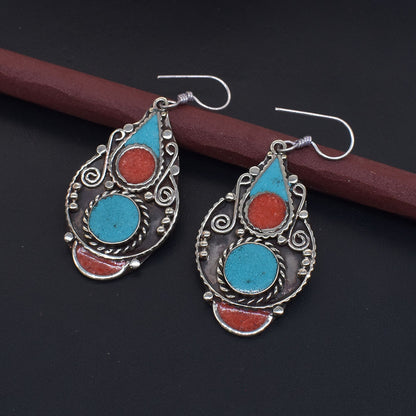 Turquoise Hanging Women Earrings Handmade Tibetan Silver Jewelry Gift EAR-10713
