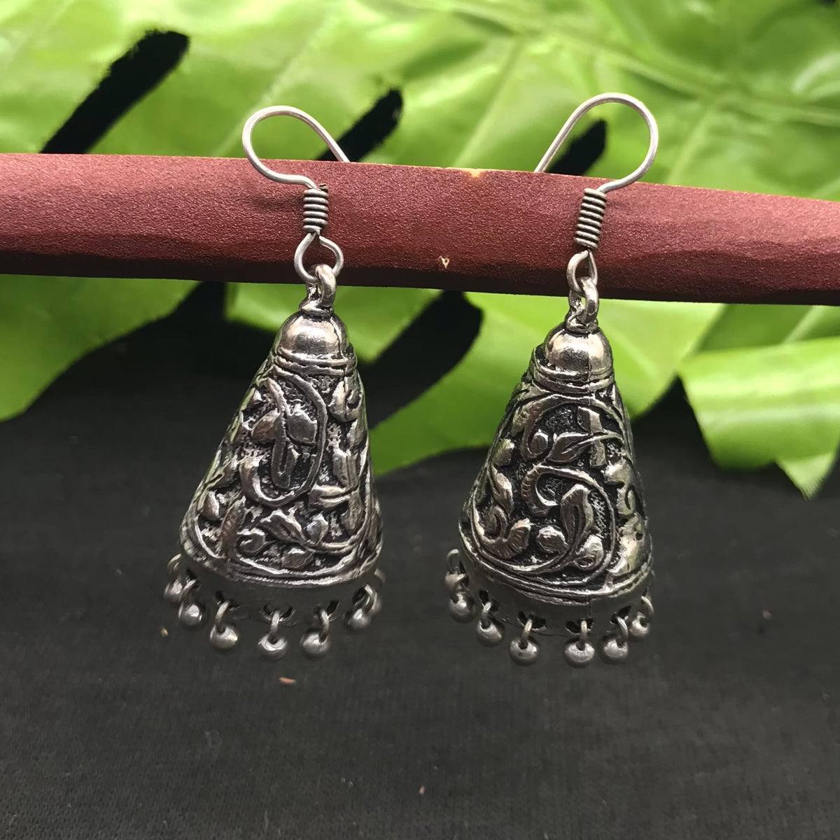 Oxidized Silver Jhumka Earrings Embossed Floral Boho Dangle Jewelry EAR-1565