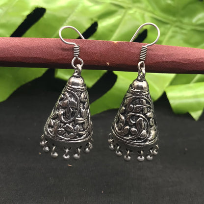 Oxidized Silver Jhumka Earrings Embossed Floral Boho Dangle Jewelry EAR-1565