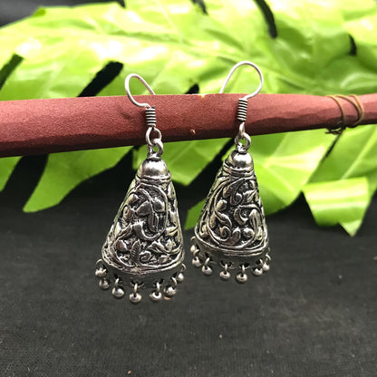 Oxidized Silver Jhumka Earrings Embossed Floral Boho Dangle Jewelry EAR-1565