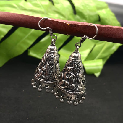 Oxidized Silver Jhumka Earrings Embossed Floral Boho Dangle Jewelry EAR-1565
