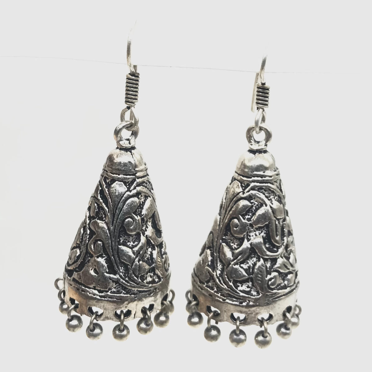 Oxidized Silver Jhumka Earrings Embossed Floral Boho Dangle Jewelry EAR-1565
