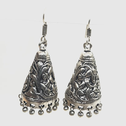 Oxidized Silver Jhumka Earrings Embossed Floral Boho Dangle Jewelry EAR-1565