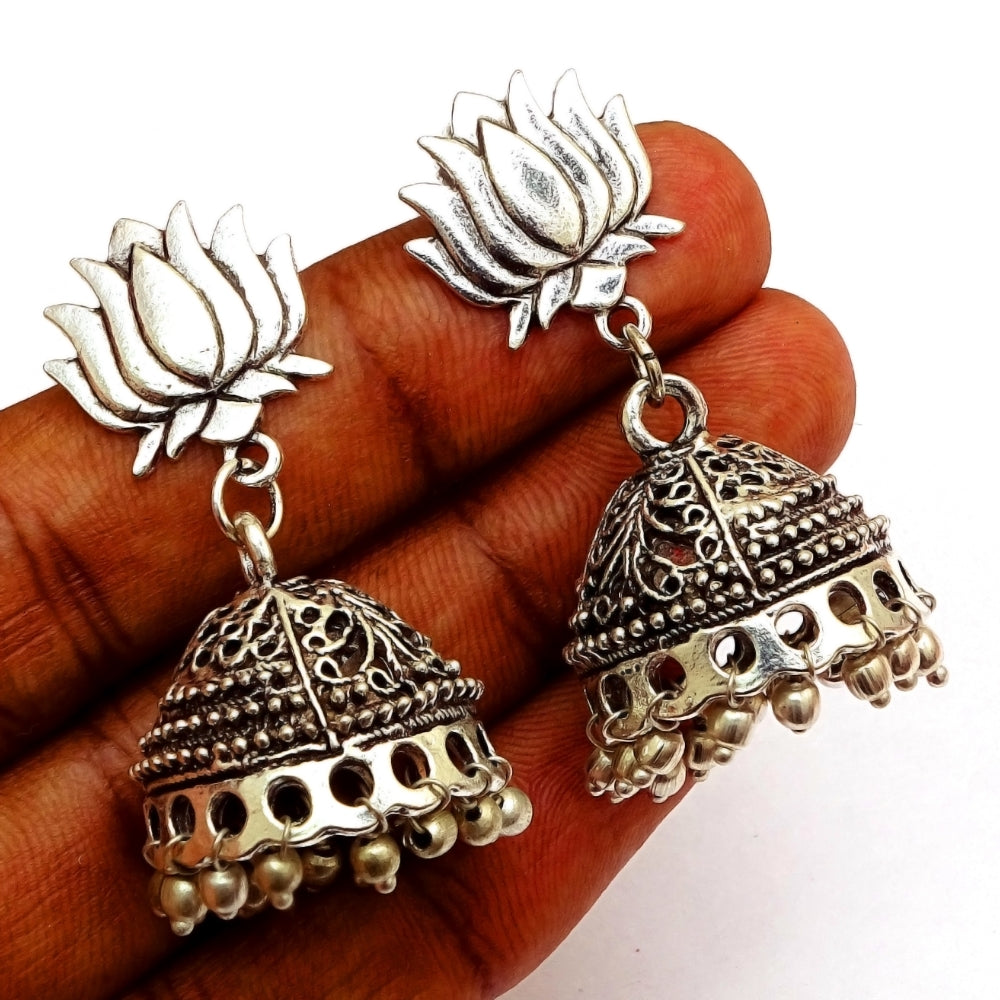 Lotus Jhumka Earrings Silver Temple Jewelry Indian Boho Earrings EAR-2234