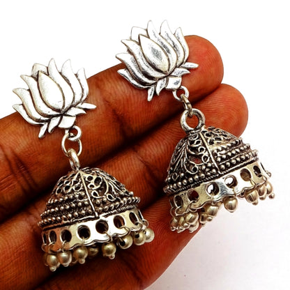 Lotus Jhumka Earrings Silver Temple Jewelry Indian Boho Earrings EAR-2234