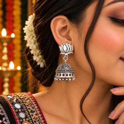 Lotus Jhumka Earrings Silver Temple Jewelry Indian Boho Earrings EAR-2234