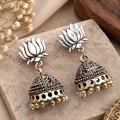 Lotus Jhumka Earrings Silver Temple Jewelry Indian Boho Earrings EAR-2234