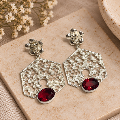 Red Garnet Honeycomb Earrings Silver Floral Stud Dangle Jewelry EAR-3150