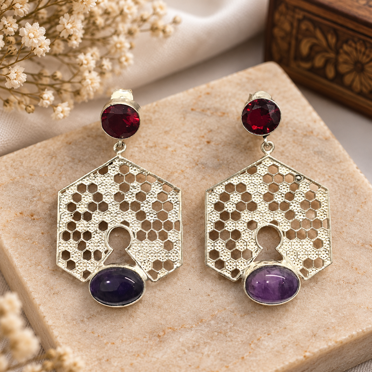 Garnet Amethyst Silver Earrings Geometric Honeycomb Dangle Jewelry EAR-3563