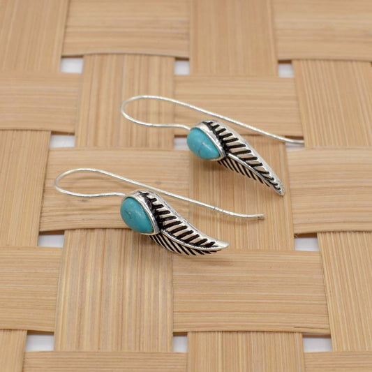 Tibetan Turquoise Gemstone Leaf Shape Silver Plated Jewelry Earring 1 EAR-3640