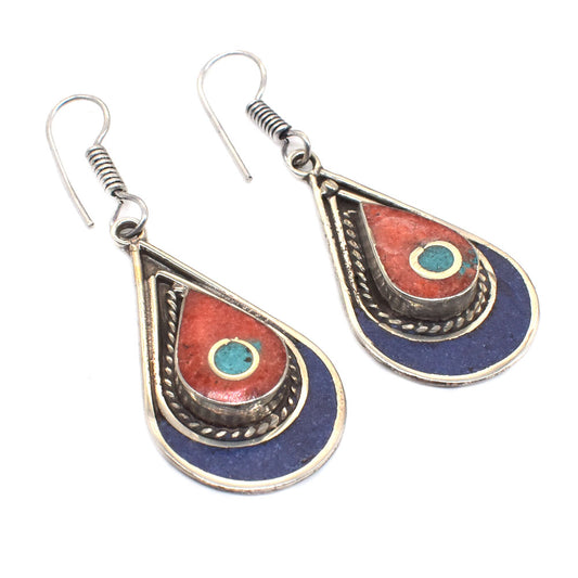 Red Coral Lapis Lazuli Earring Huge Selling Tibetan Jewelry Earring 1.5" EAR-4438