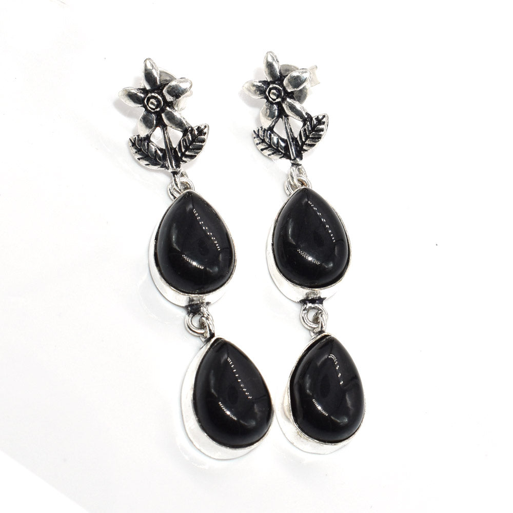 Black Onyx Drop Earrings Floral Silver Boho Dangle Jewelry EAR-4610